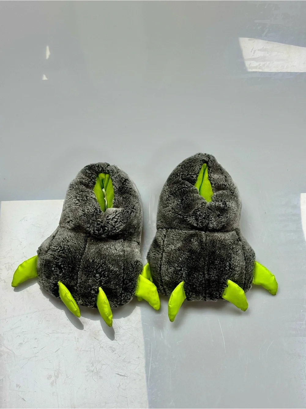 Falls Creek Boys 12/13 Gray Green Monster Bear Claw Plush Slippers